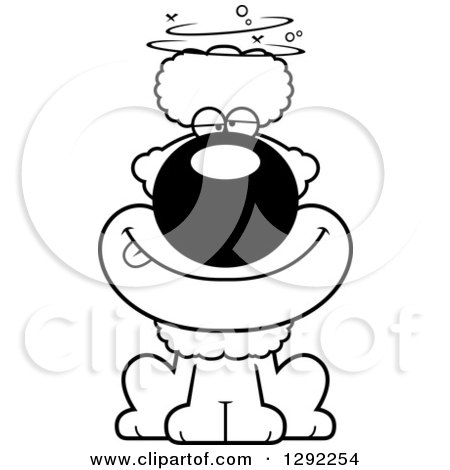 Animal Clipart of a Black and White Cartoon Dizzy or Drunk Poodle Dog Sitting - Royalty Free Lineart Vector Illustration by Cory Thoman