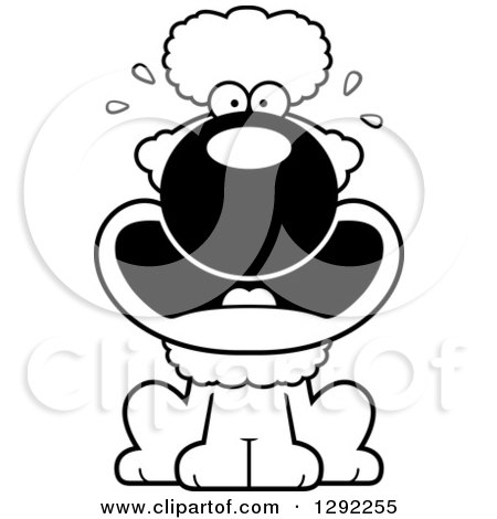 Animal Clipart of a Black and White Cartoon Scared Screaming Poodle Dog Sitting - Royalty Free Lineart Vector Illustration by Cory Thoman