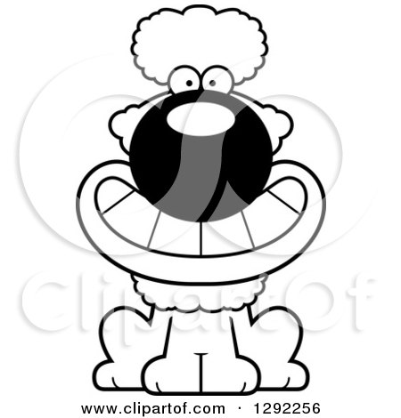 Animal Clipart of a Black and White Cartoon Happy Grinning Poodle Dog Sitting - Royalty Free Lineart Vector Illustration by Cory Thoman