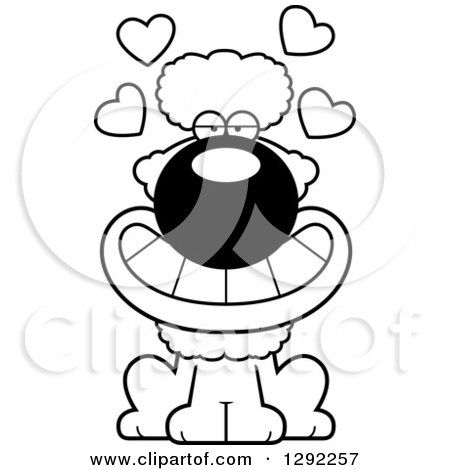 Animal Clipart of a Black and White Cartoon Loving Poodle Dog Sitting with Hearts - Royalty Free Lineart Vector Illustration by Cory Thoman