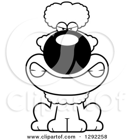 Animal Clipart of a Black and White Cartoon Mad Snarling Poodle Dog Sitting - Royalty Free Lineart Vector Illustration by Cory Thoman