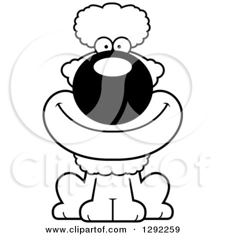 Animal Clipart of a Black and White Cartoon Happy Poodle Dog Sitting - Royalty Free Lineart Vector Illustration by Cory Thoman