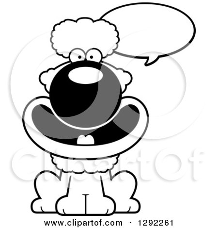 Animal Clipart of a Black and White Cartoon Happy Talking Poodle Dog Sitting - Royalty Free Lineart Vector Illustration by Cory Thoman