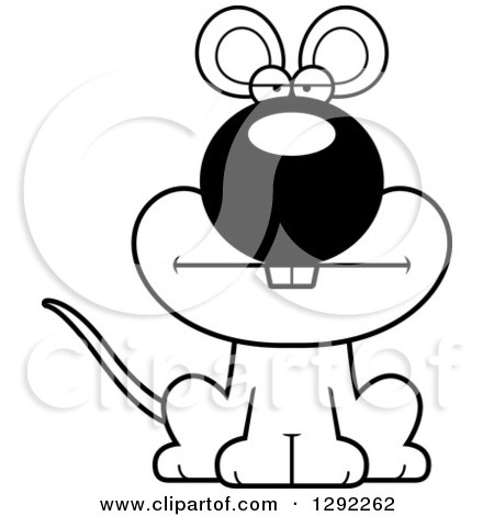 Animal Clipart of a Black and White Cartoon Happy Bored Mouse Sitting - Royalty Free Lineart Vector Illustration by Cory Thoman