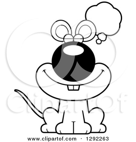 Animal Clipart of a Black and White Cartoon Happy Dreaming or Thinking Mouse Sitting - Royalty Free Lineart Vector Illustration by Cory Thoman