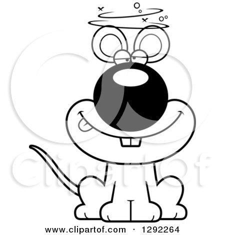 Animal Clipart of a Black and White Cartoon Dizzy or Drunk Mouse Sitting - Royalty Free Lineart Vector Illustration by Cory Thoman