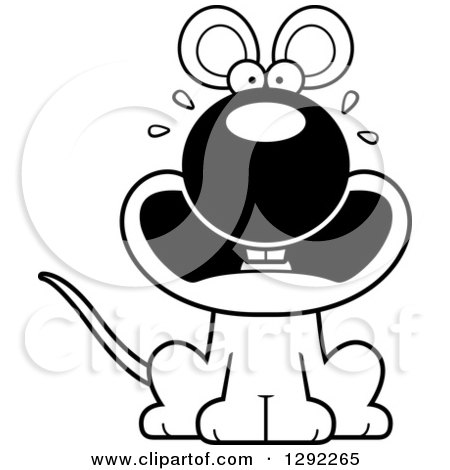 Animal Clipart of a Black and White Cartoon Scared Screaming Mouse Sitting - Royalty Free Lineart Vector Illustration by Cory Thoman