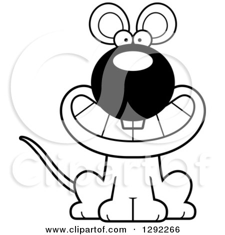 Animal Clipart of a Black and White Cartoon Happy Grinning Mouse Sitting - Royalty Free Lineart Vector Illustration by Cory Thoman