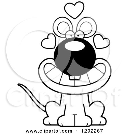 Animal Clipart of a Black and White Cartoon Loving Mouse Sitting with Hearts - Royalty Free Lineart Vector Illustration by Cory Thoman