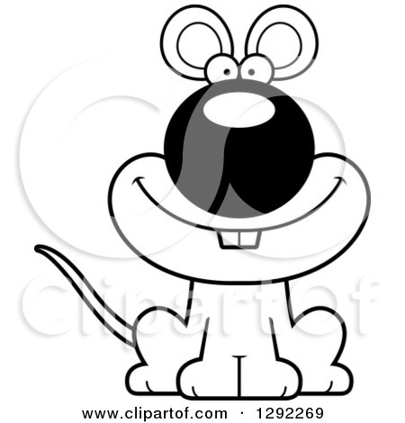 Animal Clipart of a Black and White Cartoon Happy Mouse - Royalty Free Lineart Vector Illustration by Cory Thoman