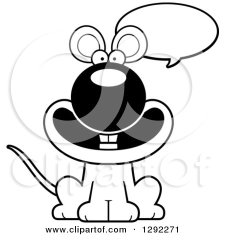 Animal Clipart of a Black and White Cartoon Happy Talking Mouse Sitting - Royalty Free Lineart Vector Illustration by Cory Thoman