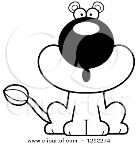Wild Animal Clipart of a Black and White Cartoon Surprised Gasping Lioness Sitting - Royalty Free Lineart Vector Illustration by Cory Thoman