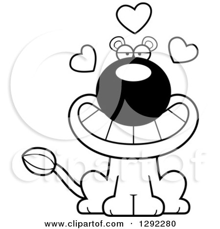 Wild Animal Clipart of a Black and White Cartoon Loving Lioness Sitting with Hearts - Royalty Free Lineart Vector Illustration by Cory Thoman