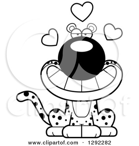 Wild Animal Clipart of a Black and White Cartoon Loving Leopard Big Cat Sitting with Hearts - Royalty Free Lineart Vector Illustration by Cory Thoman