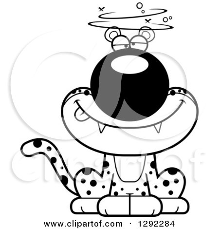 Wild Animal Clipart of a Black and White Cartoon Drunk or Dizzy Leopard Big Cat Sitting - Royalty Free Lineart Vector Illustration by Cory Thoman