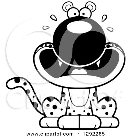 Wild Animal Clipart of a Black and White Cartoon Scared Screaming Leopard Big Cat Sitting - Royalty Free Lineart Vector Illustration by Cory Thoman