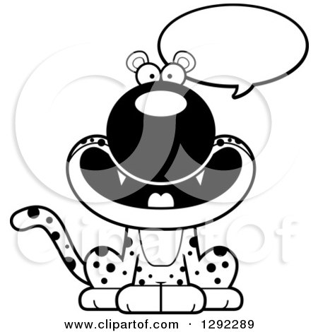 Wild Animal Clipart of a Black and White Cartoon Happy Talking Leopard Big Cat Sitting - Royalty Free Lineart Vector Illustration by Cory Thoman