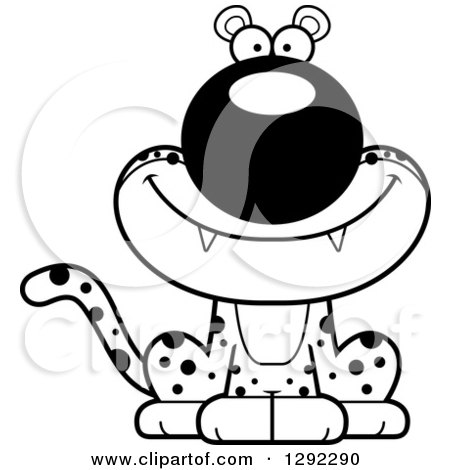 Wild Animal Clipart of a Black and White Cartoon Happy Leopard Big Cat Sitting - Royalty Free Lineart Vector Illustration by Cory Thoman