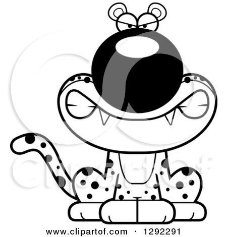 Wild Animal Clipart of a Black and White Cartoon Mad Snarling Leopard Big Cat Sitting - Royalty Free Lineart Vector Illustration by Cory Thoman