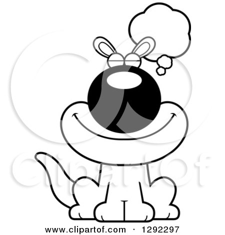Wild Animal Clipart of a Black and White Cartoon Happy Dreaming or Thinking Sitting Kangaroo - Royalty Free Lineart Vector Illustration by Cory Thoman