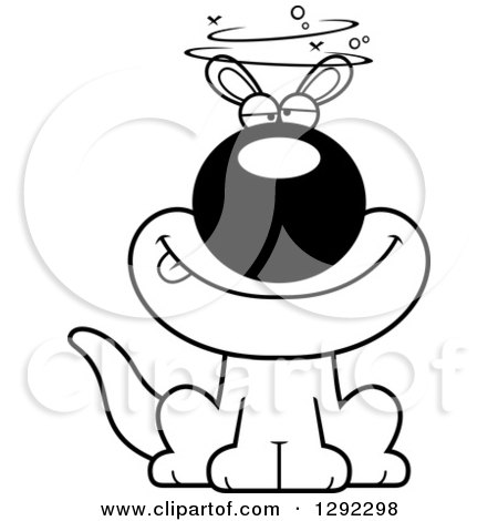 Wild Animal Clipart of a Black and White Cartoon Drunk or Dizzy Sitting Kangaroo - Royalty Free Lineart Vector Illustration by Cory Thoman