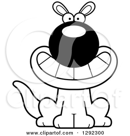Wild Animal Clipart of a Black and White Cartoon Happy Grinning Sitting Kangaroo - Royalty Free Lineart Vector Illustration by Cory Thoman