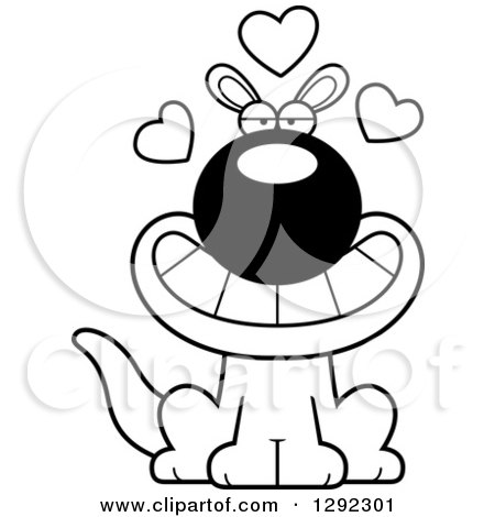 Wild Animal Clipart of a Black and White Cartoon Loving Sitting Kangaroo with Hearts - Royalty Free Lineart Vector Illustration by Cory Thoman