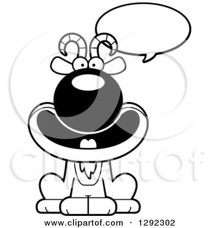 Animal Clipart of a Black and White Cartoon Happy Talking Male Goat Sitting - Royalty Free Lineart Vector Illustration by Cory Thoman