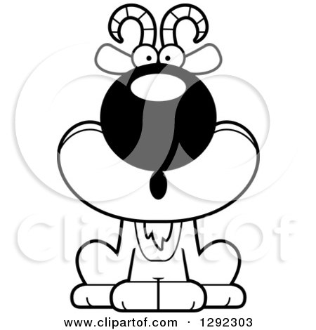 Animal Clipart of a Black and White Cartoon Surprised Gasping Male Goat Sitting - Royalty Free Lineart Vector Illustration by Cory Thoman