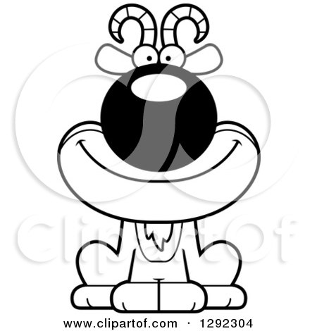 Animal Clipart of a Black and White Cartoon Happy Male Goat Sitting - Royalty Free Lineart Vector Illustration by Cory Thoman