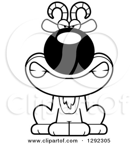 Animal Clipart of a Black and White Cartoon Mad Male Goat Sitting - Royalty Free Lineart Vector Illustration by Cory Thoman