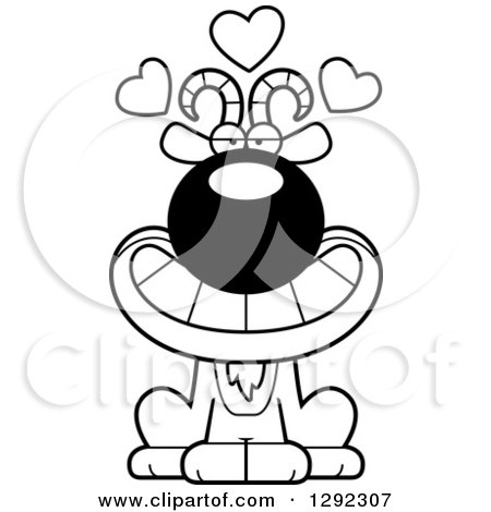 Animal Clipart of a Black and White Cartoon Loving Male Goat Sitting with Hearts - Royalty Free Lineart Vector Illustration by Cory Thoman