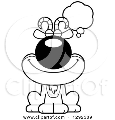 Animal Clipart of a Black and White Cartoon Happy Dreaming or Thinking Male Goat Sitting - Royalty Free Lineart Vector Illustration by Cory Thoman