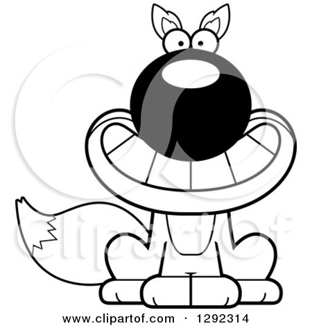 Wild Animal Clipart of a Black and White Cartoon Grinning Happy Sitting Fox - Royalty Free Lineart Vector Illustration by Cory Thoman