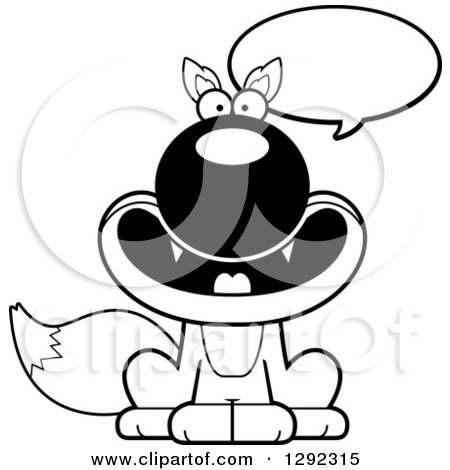 Wild Animal Clipart of a Black and White Cartoon Happy Talking Sitting Fox - Royalty Free Lineart Vector Illustration by Cory Thoman