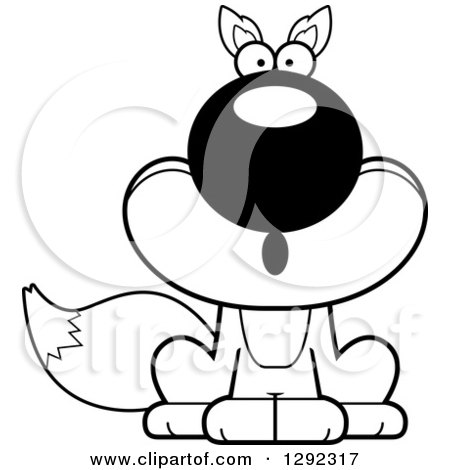Wild Animal Clipart of a Black and White Cartoon Surprised Gasping Sitting Fox - Royalty Free Lineart Vector Illustration by Cory Thoman