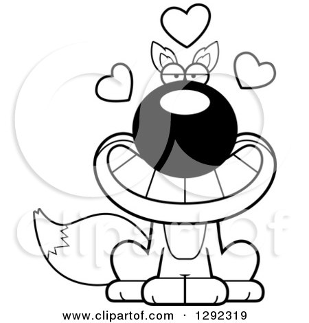 Wild Animal Clipart of a Black and White Cartoon Romantic Sitting Fox with Love Hearts - Royalty Free Lineart Vector Illustration by Cory Thoman