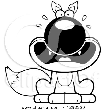 Wild Animal Clipart of a Black and White Cartoon Scared Screaming Sitting Fox - Royalty Free Lineart Vector Illustration by Cory Thoman