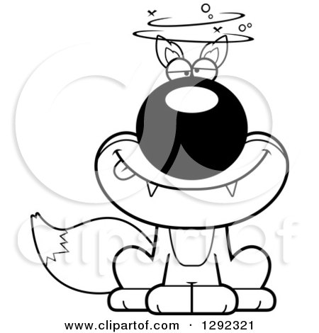 Wild Animal Clipart of a Black and White Cartoon Drunk or Dizzy Sitting Fox - Royalty Free Lineart Vector Illustration by Cory Thoman