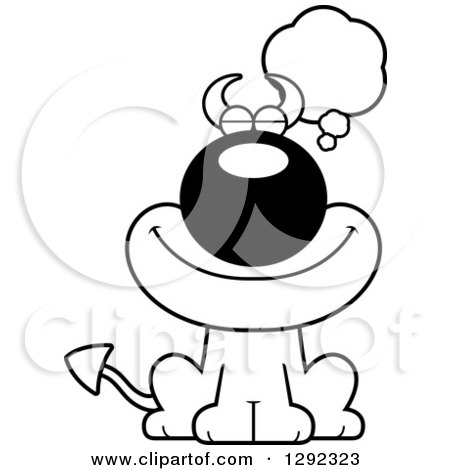Clipart of a Black and White Cartoon Happy Dreaming or Thinking Devil Dog - Royalty Free Lineart Vector Illustration by Cory Thoman