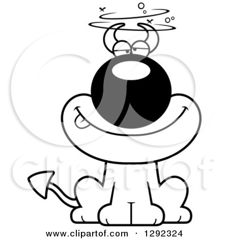 Clipart of a Black and White Cartoon Dizzy or Drunk Devil Dog - Royalty Free Lineart Vector Illustration by Cory Thoman