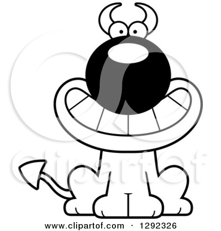 Clipart of a Black and White Cartoon Happy Grinning Devil Dog - Royalty Free Lineart Vector Illustration by Cory Thoman