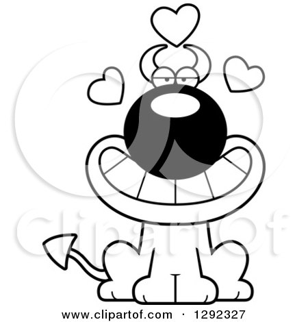 Clipart of a Black and White Cartoon Loving Devil Dog with Hearts - Royalty Free Lineart Vector Illustration by Cory Thoman