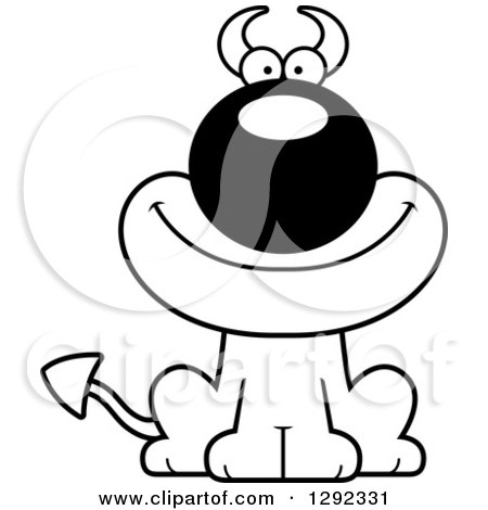 Clipart of a Black and White Cartoon Happy Devil Dog - Royalty Free Lineart Vector Illustration by Cory Thoman