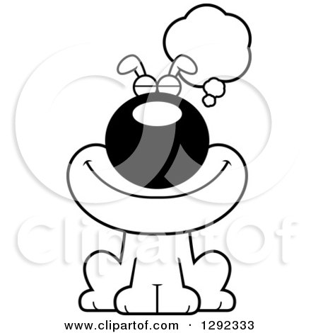 Animal Clipart of a Black and White Cartoon Happy Dog Thinking or Dreaming - Royalty Free Lineart Vector Illustration by Cory Thoman