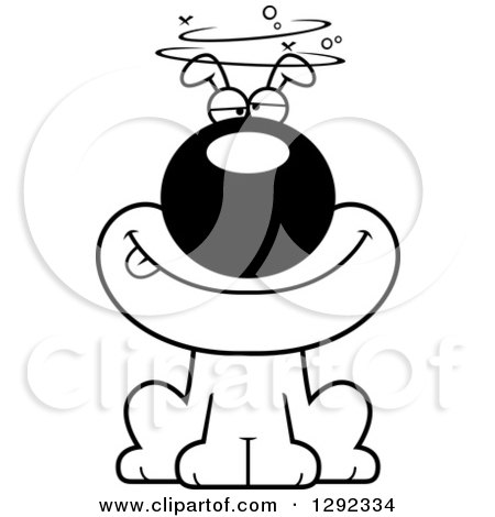 Animal Clipart of a Black and White Cartoon Drunk or Dizzy Dog - Royalty Free Lineart Vector Illustration by Cory Thoman