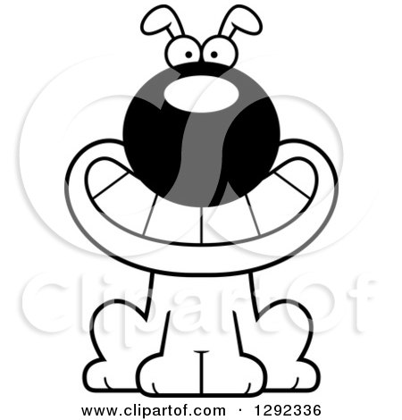 Animal Clipart of a Black and White Cartoon Happy Grinning Dog - Royalty Free Lineart Vector Illustration by Cory Thoman
