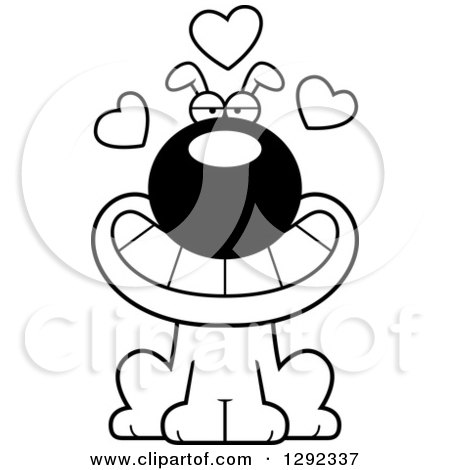 Animal Clipart of a Black and White Cartoon Loving Dog with Hearts - Royalty Free Lineart Vector Illustration by Cory Thoman
