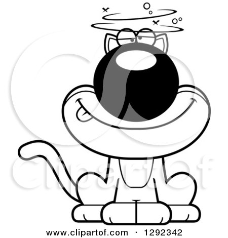 Animal Clipart of a Black and White Cartoon Drunk or Dizzy Cat - Royalty Free Lineart Vector Illustration by Cory Thoman