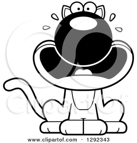 Animal Clipart of a Black and White Cartoon Scared Screaming Cat - Royalty Free Lineart Vector Illustration by Cory Thoman